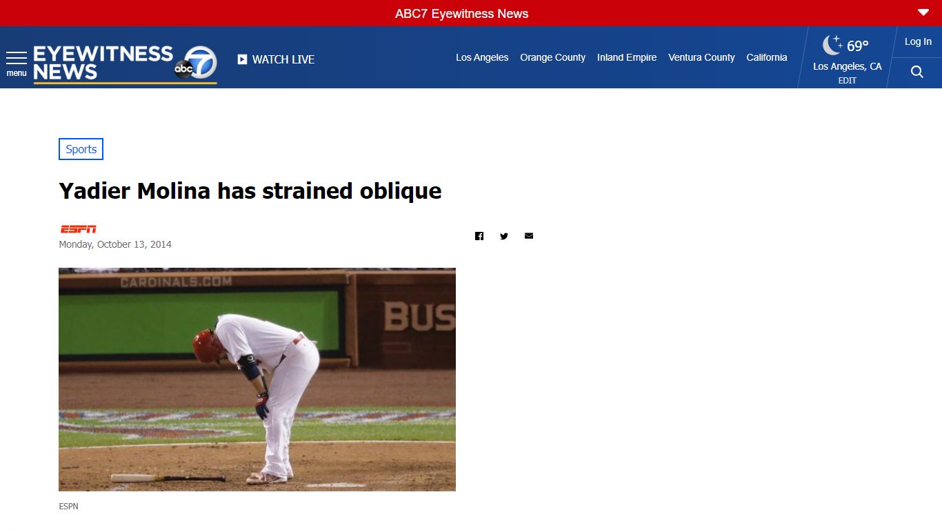 Yadier Molina has strained oblique - ABC7 Los Angeles